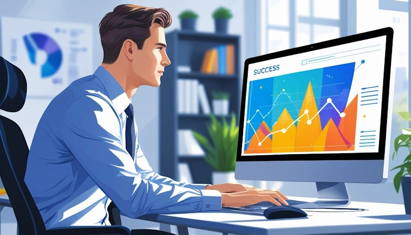A man looking at a computer with a rising graph of success.