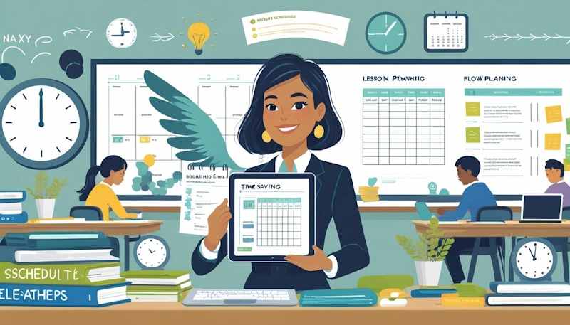 Time-Saving Tips - A teacher in a classroom using a tablet with organised schedules, surrounded by clocks, books, and digital devices, while students learn independently.