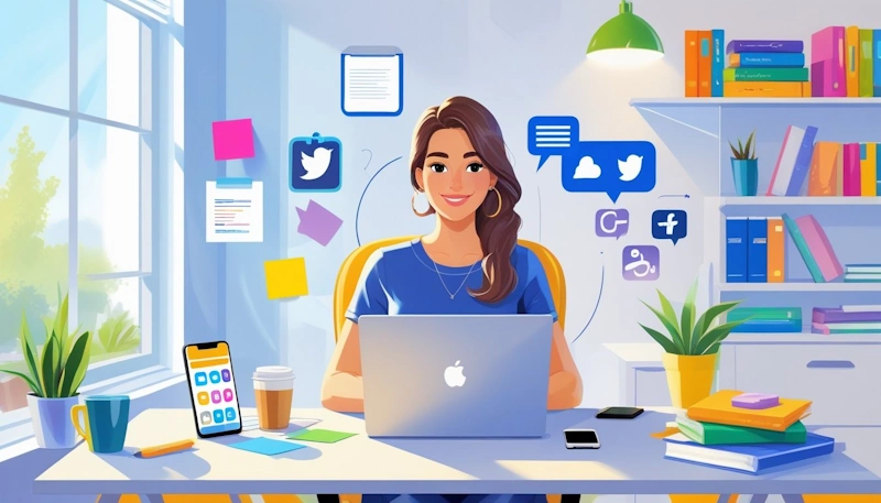 A person sitting at a desk, creating content to post on social media. Great for your TPT Store.