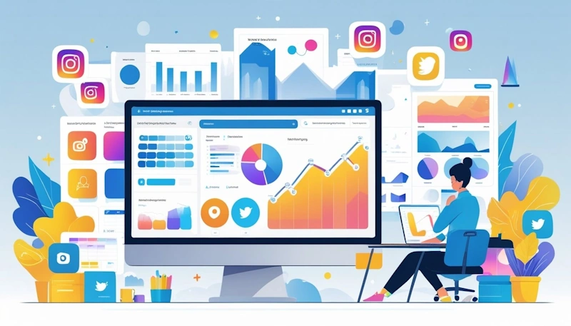 A person working at a desk with a laptop showing social media analytics, surrounded by icons of social media platforms and marketing materials.