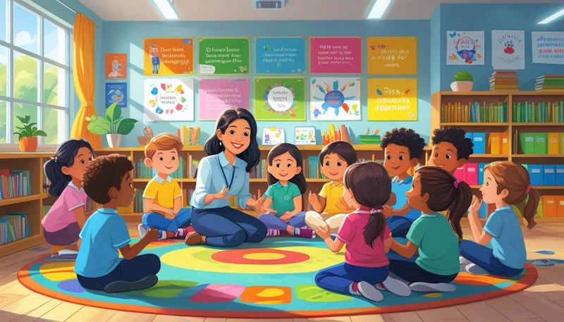 A teacher and a group of young students happily interacting in a bright classroom, sitting in a circle on a colourful rug surrounded by books and cheerful decorations. An example of a Positive Classroom Culture.