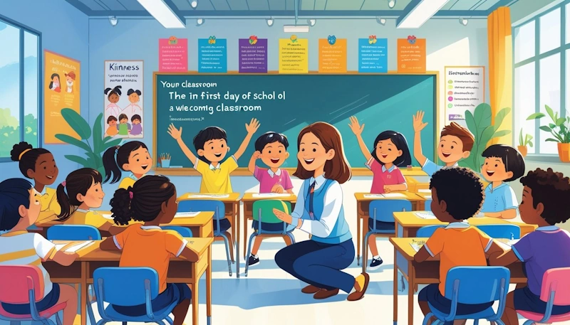 A teacher and diverse group of children interacting happily in a bright classroom with desks arranged for group work and colourful posters on the walls. An example of Positive Classroom Culture.