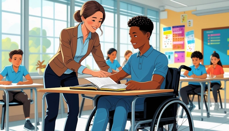 Differentiation Made Simple - A classroom scene showing a teacher helping a group of students engaged in different learning activities, including a student in a wheelchair.