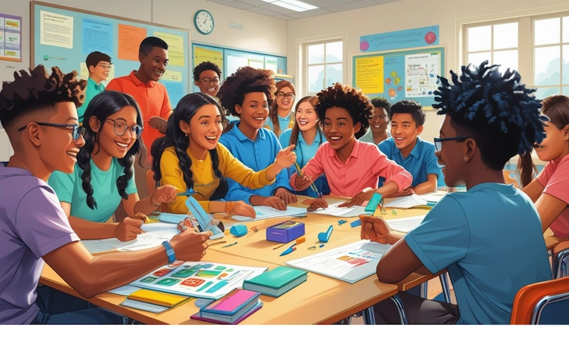 A group of students actively participating in different classroom activities with a teacher guiding them.