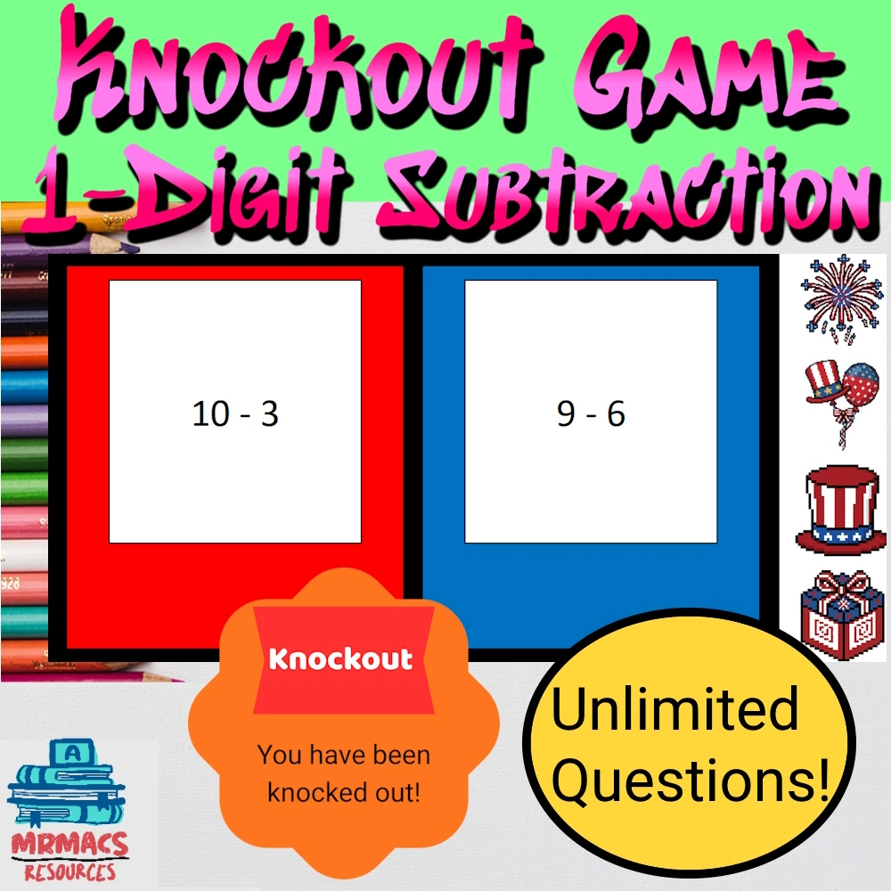 1st grade Knockout game - 1 digit subtraction available on TPT