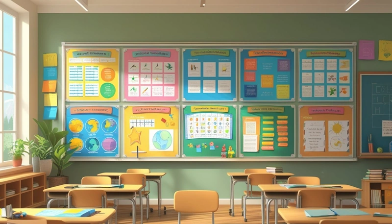 A classroom bulletin board that includes several subjects.
