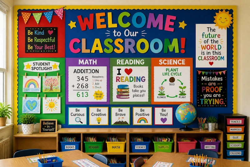 A welcome to the classroom bulletin board.