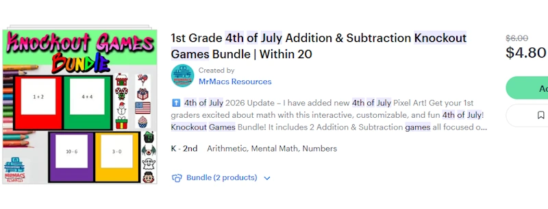 TPT SEO Tips - Product example (knockout game) from Mrmacs Resources TPT page